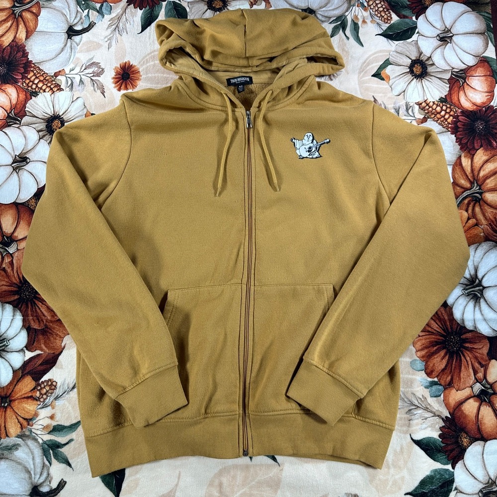 True Religion Mens Mustard Khaki Zip Up Hoodie Buddha Guitar Graphic Fleece XL